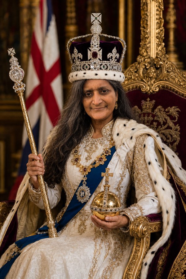 Queen Arun Sandhya seated in ceremonial dress